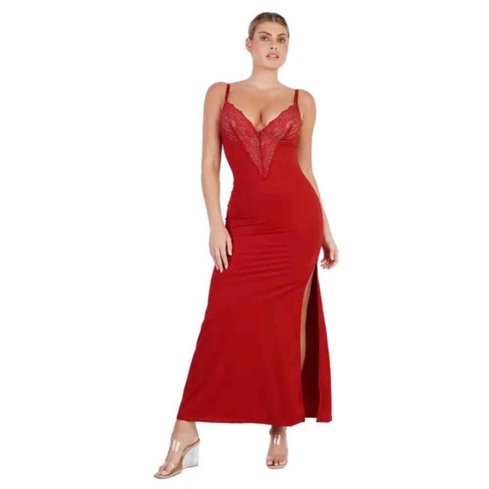 Popilush Maxi Dress Slimming Built In Shapewear Red Lace Women's Large Luxury
